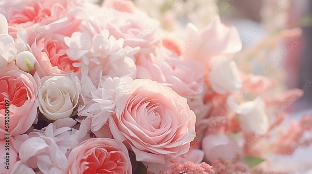 Wedding flowers, bridal bouquet closeup. Decoration made of roses, peonies and decorative plants, close-up, selective focus, nobody, objects Wedding flowers, bridal bouquet closeup. Decoration made of roses, peonies and decorative plants, close-up, selective focus, nobody, objects