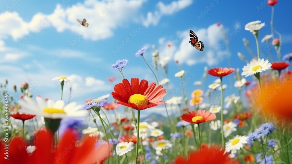 wild flower blooming field of cornflowers and daisies flowers ,poppy flowers, blue sunny sky ,butterfly and bee on flowers summer landscap wild flower blooming field of cornflowers and daisies flowers ,poppy flowers, blue sunny sky ,butterfly and bee on flowers summer landscap