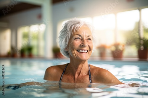 Elderly people doing exercise in swimming pool. Cheerful active senior woman practicing water aqua aerobics in gym © The other house