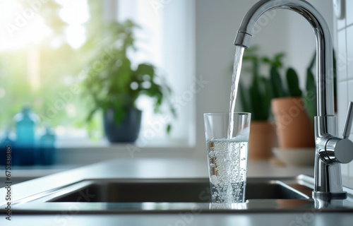 Glass with clear water and tap on kitchen background photo