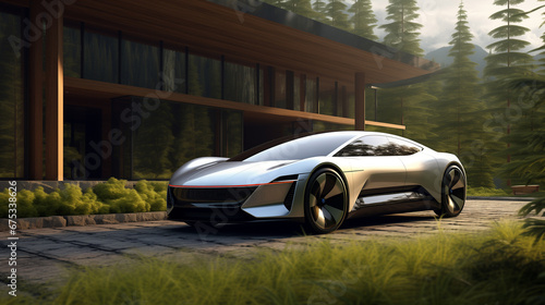 Electric car with contemporary eco house on background. Concept of sustainability, future of living green and renewable energy. 