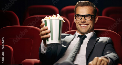 Elegante hombre sonriente feliz tomando palomitas en una sala de cine sentado