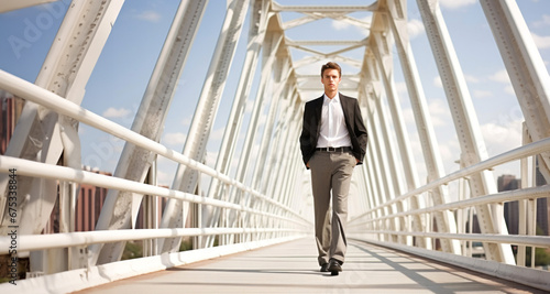 Hombre en traje cruzando un puente