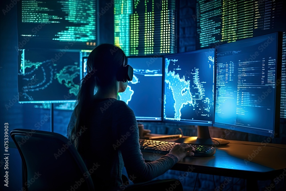 Portrait of professional developer sitting chair texting keyboard look two displays dark business center. Smiling positive programmer working in the office of a software development company. Portrait of professional developer sitting chair texting keyboard look two displays dark business center. Smiling positive programmer working in the office of a software development company.
