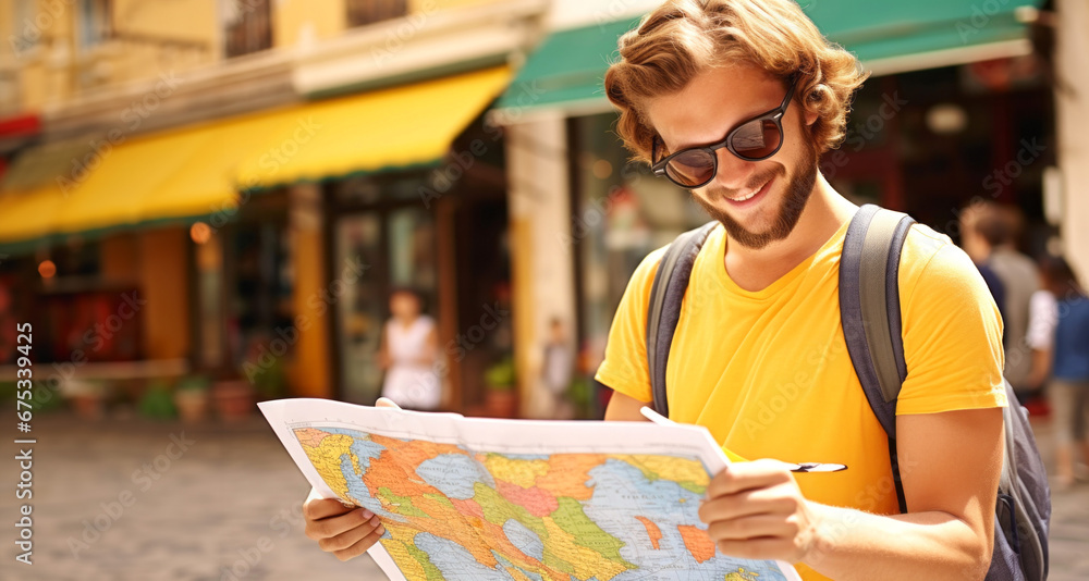 Hombre Turista sonriente sosteniendo un mapa de visita de la ciudad ...