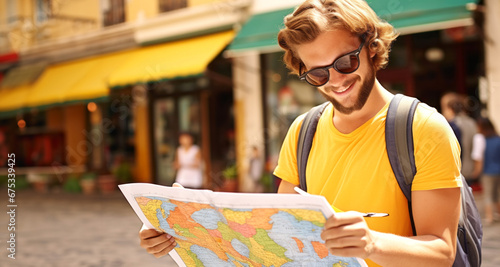 Hombre Turista sonriente sosteniendo un mapa de visita de la ciudad photo