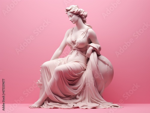 Ancient Greek full length Sculpture of a female goddess with pink pastel background. Antique Statue of a Woman in profile sits on a throne. Modern trendy y2k style. photo