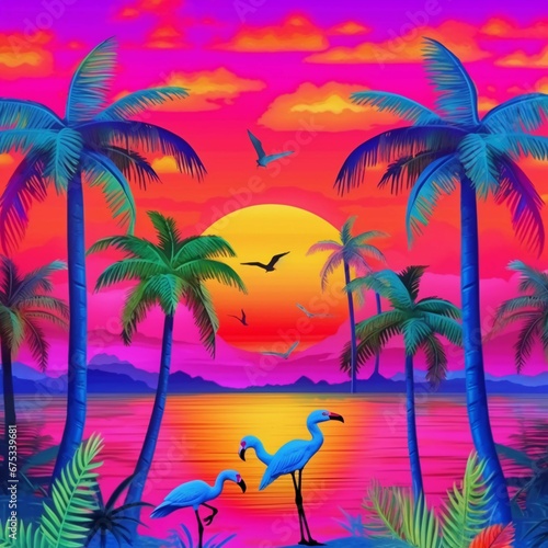  a design featuring vibrant palm trees  colorful sunsets  and exotic birds to evoke the feeling of a tropical getaway