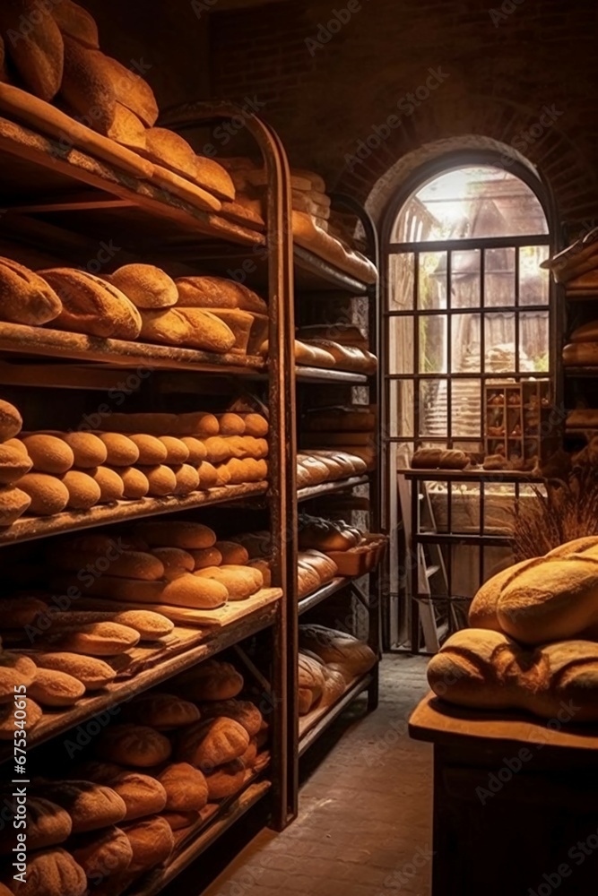 a traditional bakery, with shelves filled from floor to ceiling with a wide variety of freshly baked bread loaves