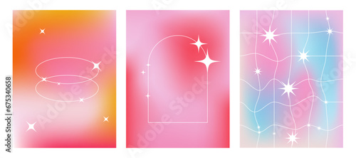 Romantic cute modern fluid gradient posters with linear forms and sparkles. Trendy minimalist aesthetic print with line arch frames, stars and blurred pastel gradient background vector poster template