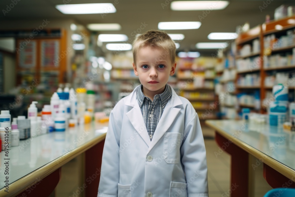 A boy pharmacist on the background of shelves with medicines