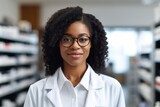 A african american woman pharmacist on the background of shelves with medicines