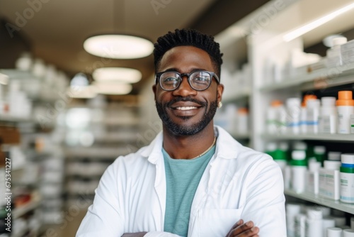 A african american man pharmacist on the background of shelves with medicines