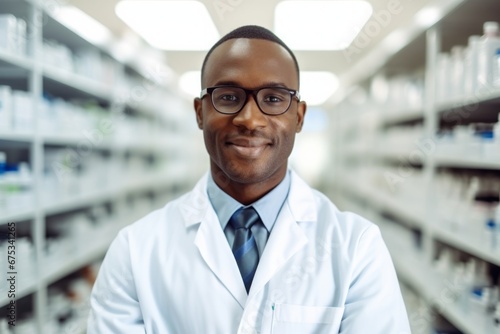 A african american man pharmacist on the background of shelves with medicines