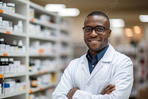 A african american man pharmacist on the background of shelves with medicines