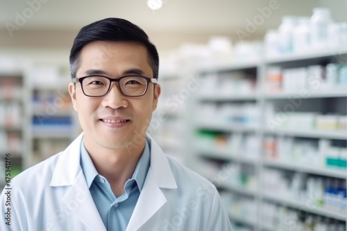 A asian man pharmacist on the background of shelves with medicines photo