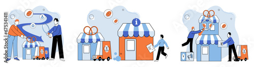 Shop owner. Vector illustration. Developing comprehensive business plan is crucial for attracting investors Business owners must understand shop owner metaphor to navigate challenges effectively