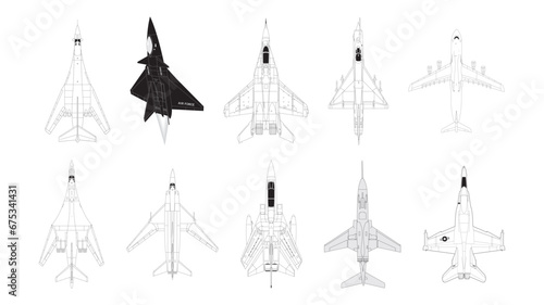 Passenger and Fighter Aircraft Airplanes in outlines - compendium vector illustrations editable best art design for logo icon multipurpose use in high definition format