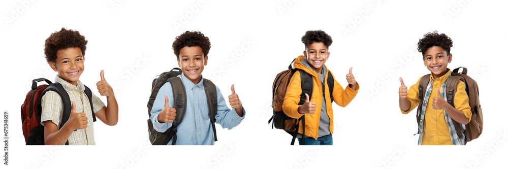 Set of Latino American boy with school backpack showing thumbs up isolated on transparent or white background - obrazy, fototapety, plakaty 