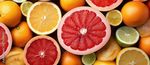 The background of the top view shot showcased a colorful array of organic fruits including a ripe grapefruit with its vibrant orange color adding a pop of freshness to the scene This capture
