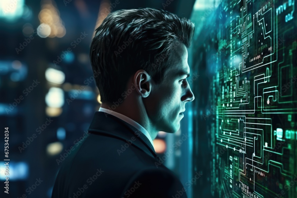 Concept of cybersecurity. Portrait of a man in profile in a business suit against a wall with a glowing microchip. Concept of cybersecurity. Portrait of a man in profile in a business suit against a wall with a glowing microchip.