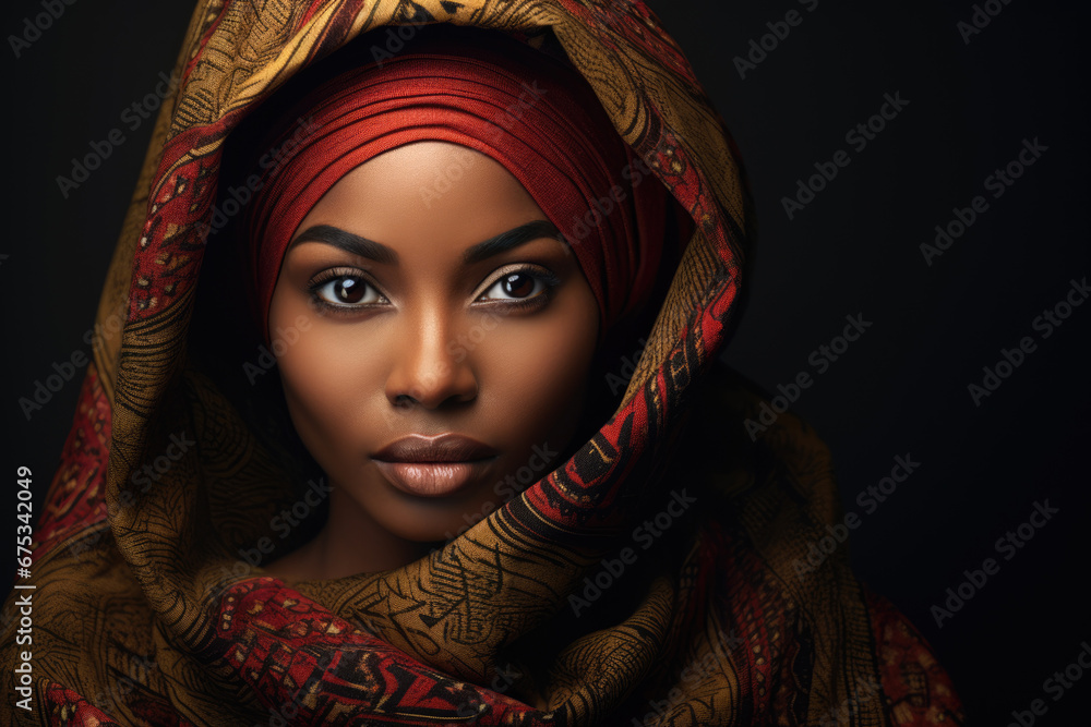 Close-up portrait of a Muslim dark-skinned woman with makeup wearing hijab on a dark background. Close-up portrait of a Muslim dark-skinned woman with makeup wearing hijab on a dark background.