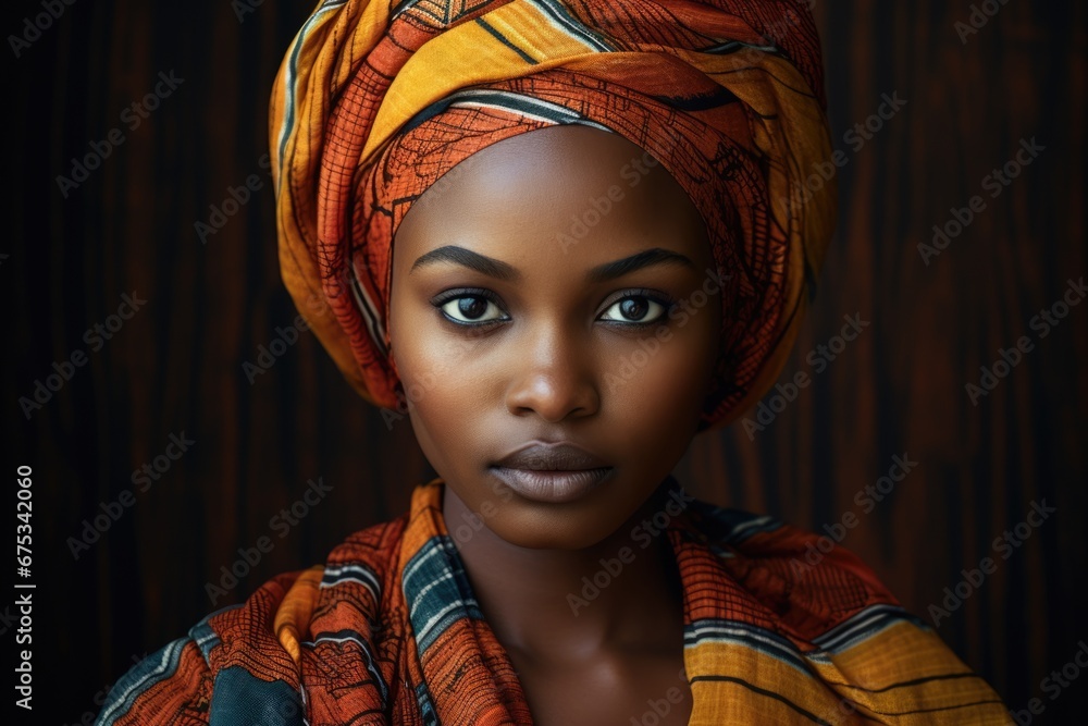 Close-up portrait of a Muslim dark-skinned woman with makeup wearing a turban against a dark background. - obrazy, fototapety, plakaty 