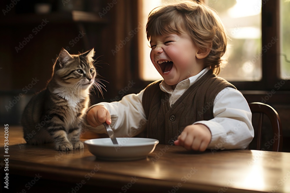 A little boy giggles playfully as he sits at the table, sharing his meal with the kitten perched alongside him on the table A little boy giggles playfully as he sits at the table, sharing his meal with the kitten perched alongside him on the table