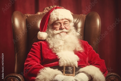 Retro portrait of Santa Claus sitting in a leather chair on a red background.