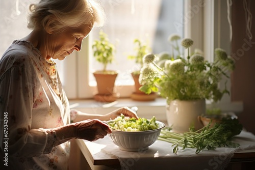 silver-haired elderly lady stands at a table, preparing a green salad for herself in the sunlight streaming through the window, epitomizing a healthy and active lifestyle in her golden years