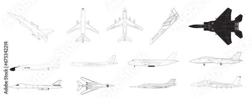 Passenger and Fighter Aircraft Airplanes in outlines - compendium vector illustrations editable best art design for logo icon multipurpose use in high definition format