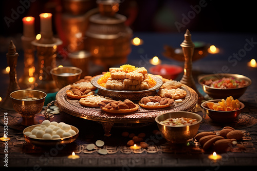 Representation of a Diwali feast, showcasing traditional sweets and dishes photo