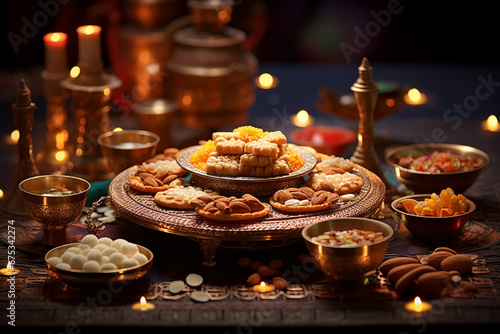 Representation of a Diwali feast, showcasing traditional sweets and dishes