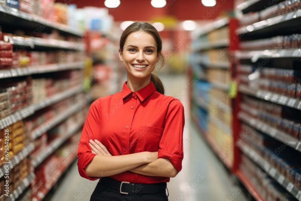 a happy woman seller consultant on the background of shelves with products in the store a happy woman seller consultant on the background of shelves with products in the store