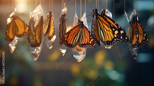 Amazing moment ,Monarch Butterfly, pupae and cocoons are suspended. Concept transformation of Butterfly photo