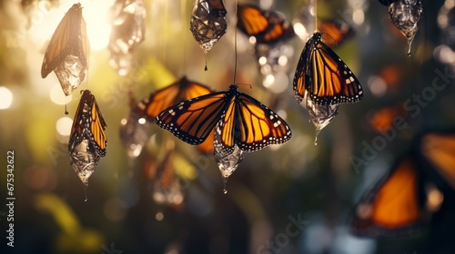 Amazing moment ,Monarch Butterfly, pupae and cocoons are suspended. Concept transformation of Butterfly photo