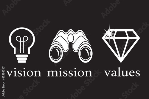 Mission vision values icon vector isolated on black 
 background.