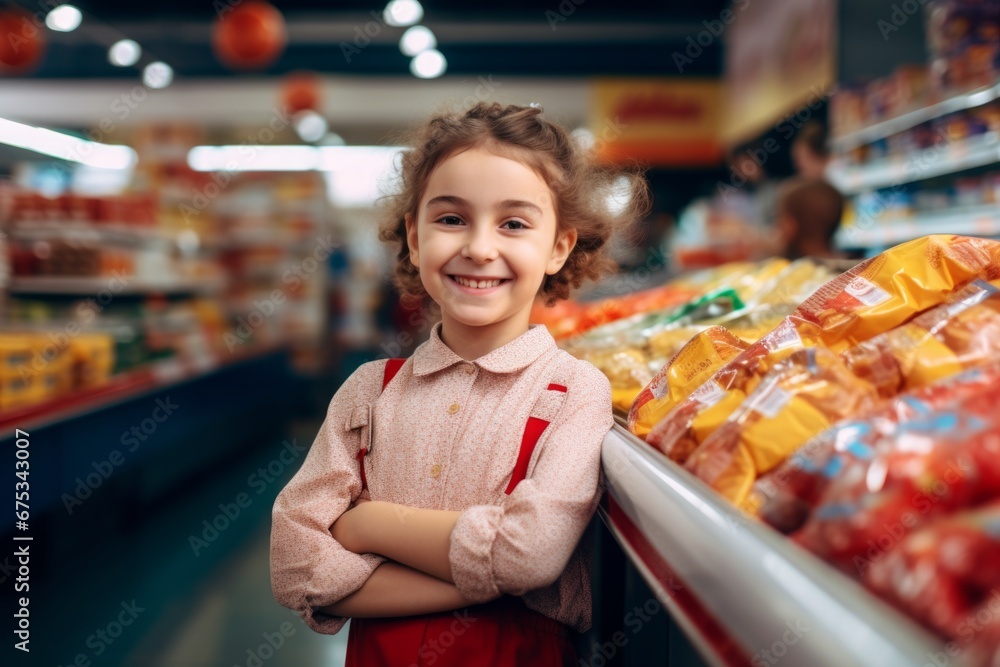 a happy child girl seller consultant on the background of shelves with products in the store