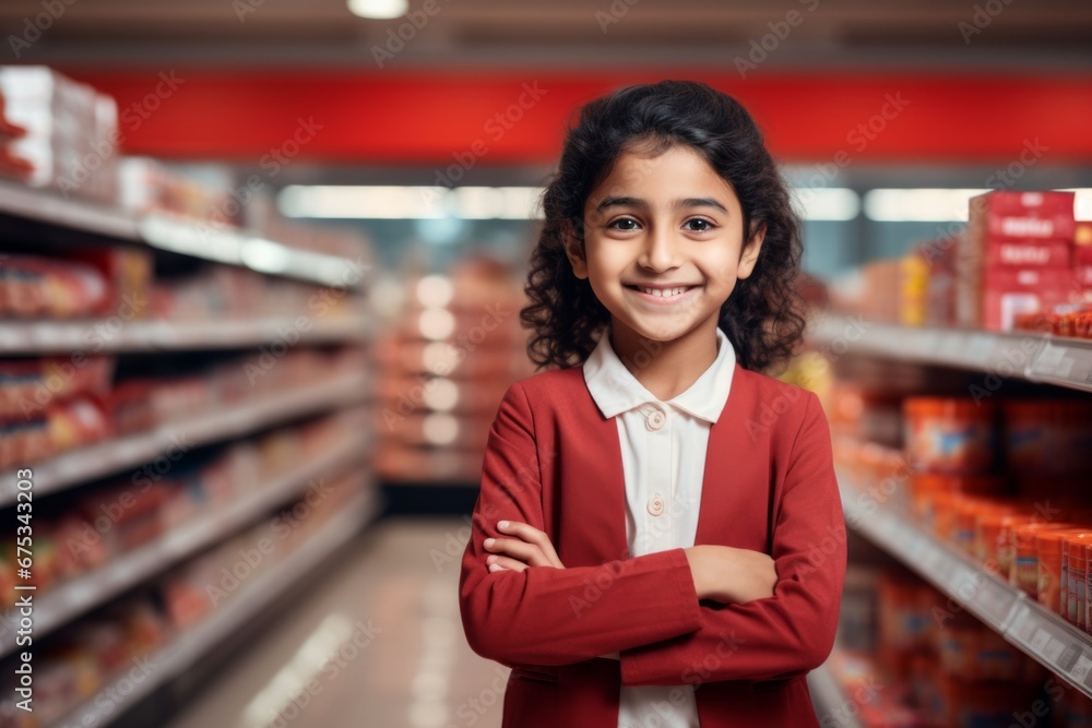 a happy indian child girl seller consultant on the background of shelves with products in the store a happy indian child girl seller consultant on the background of shelves with products in the store