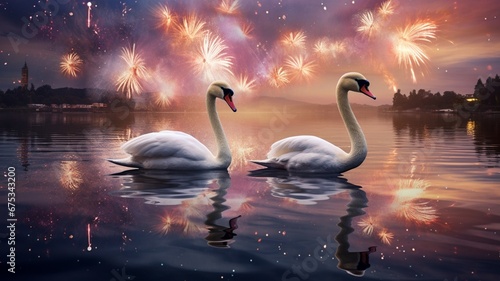 a elegant swans gliding gracefully on a New Year's lake, their reflections shimmering in the water, with the evening sky ablaze with fireworks, symbolizing tranquility and celebration. photo