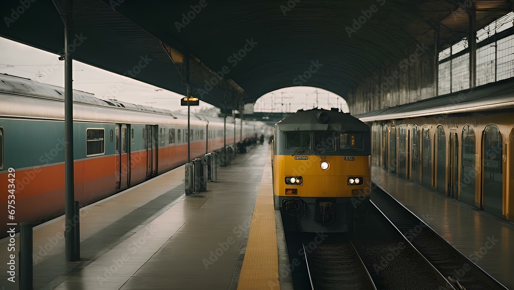 Small train station, yellow old train 80's