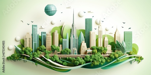 Eco friendly city concept in a beautiful paper cut style design. Green living and urban sustainability on Earth. Generative AI photo