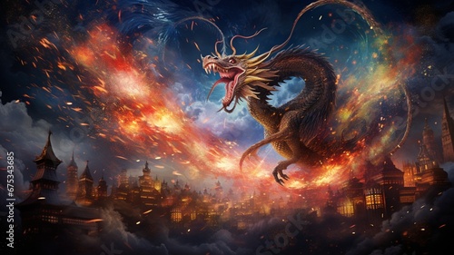 a fiery dragon-shaped fireworks breathing sparks and flames into the night sky, embodying the mythical essence of folklore and adding a touch of fantasy to the spectacle.
