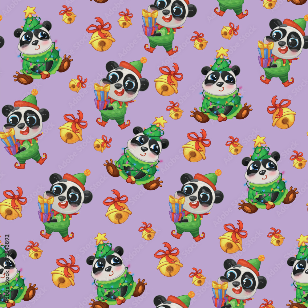 Obraz premium Pattern panda lollipop snow green Christmas 