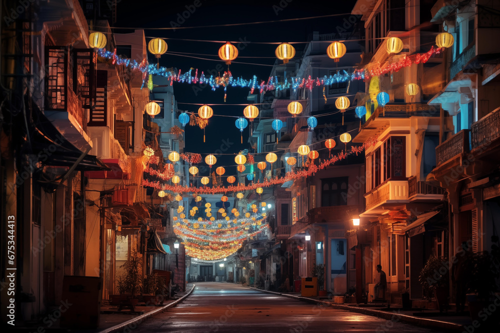Illumination of buildings and streets with decorative lights and lanterns during Diwali 