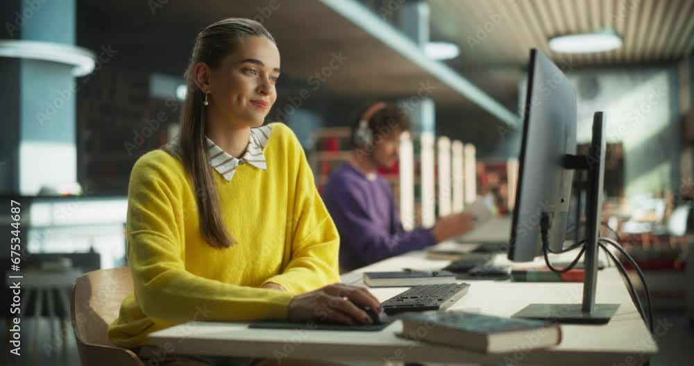 Thoughtful European College Student Using Desktop Computer to Study in a Public Library. Beautiful Young Woman Learning Online, Getting Ready for Exams, Taking Notes and Drafting an Essay Thoughtful European College Student Using Desktop Computer to Study in a Public Library. Beautiful Young Woman Learning Online, Getting Ready for Exams, Taking Notes and Drafting an Essay