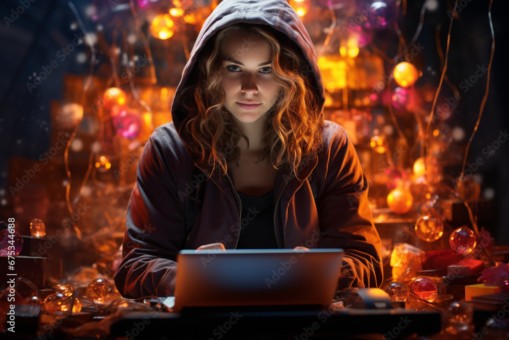 Cyberpunk Office: Intensely Focused Woman with Binary Codes - Generative AI Cyberpunk Office: Intensely Focused Woman with Binary Codes - Generative AI