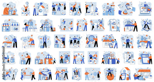 Shop owner. Vector illustration. Companies implement various strategies to enhance their market presence and competitiveness Careful planning is vital for businesses to achieve their goals