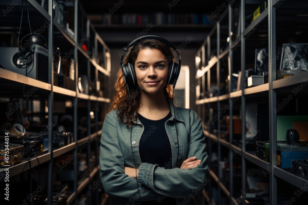 Fototapeta premium a happy woman in headphones on the background of shelves with music equipment in the room