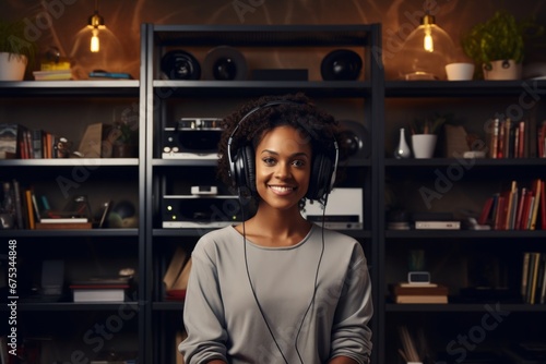 a happy african american woman in headphones on the background of shelves with music equipment in the room